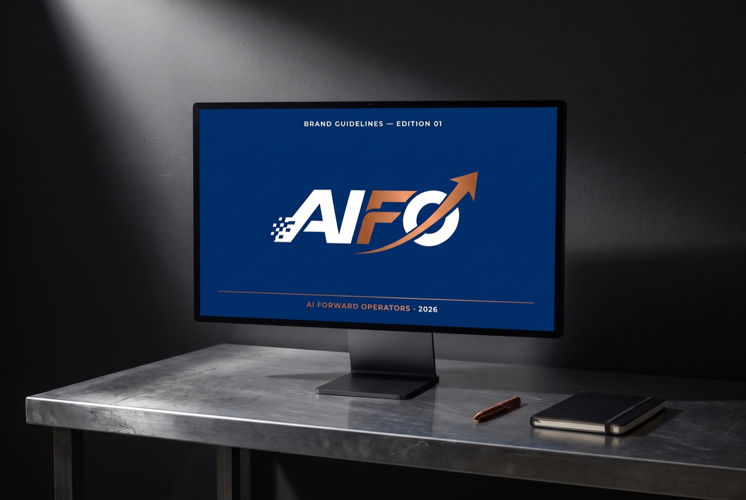 An operator's station — steel desk, copper pen, the AIFO screen