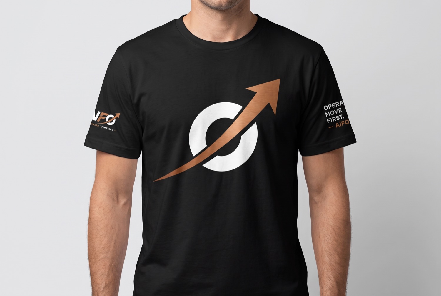 The AIFO arrow on the black tee — operators move first